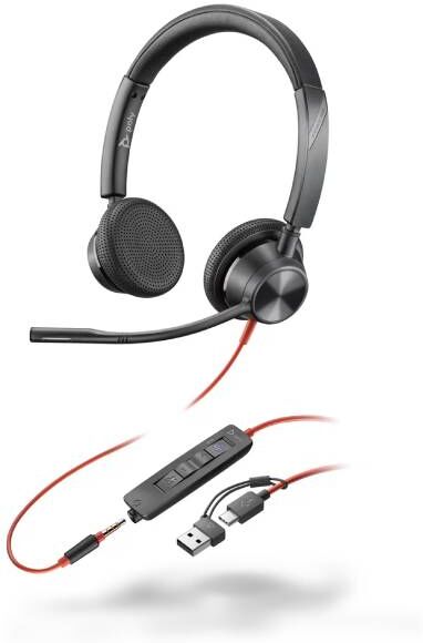 Poly Blackwire 3325 MS USB-C/Jack + dongle USB-C/A Micro-casque professionnel certifié Microsoft Teams avec triple connexion Jack, USB-A et USB-C.