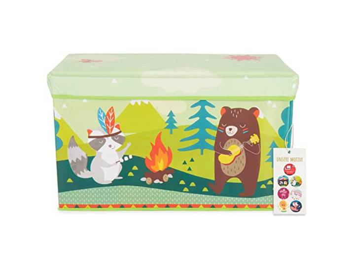 Bieco Aufbewahrungsbox mit Sitzhocker Waldtiere mit Stauraum und Deckel mit Polsterung, 63 L, Grün