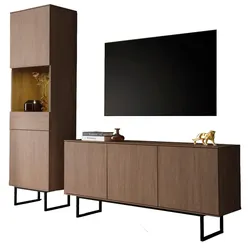 WOHNWAND in Nussbaum 2-teilig 220 cm, Komplett-Set mit Push-to-Open