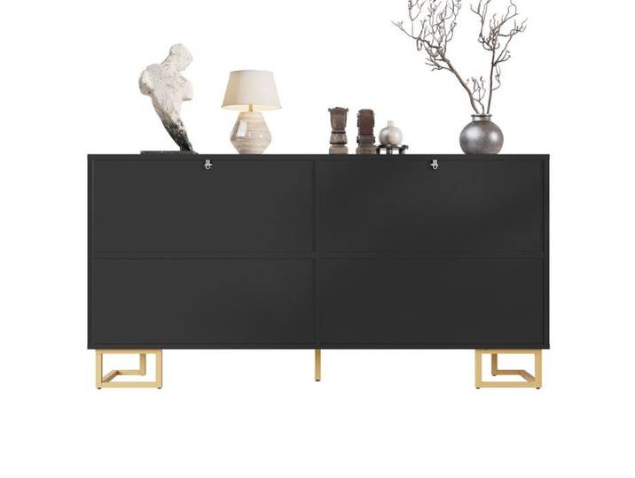 Buffet Bahut Noir 152x40x75cm-Poignées Pieds Dorés-Géométrique-Élégant Moderne-Salon&Cuisine