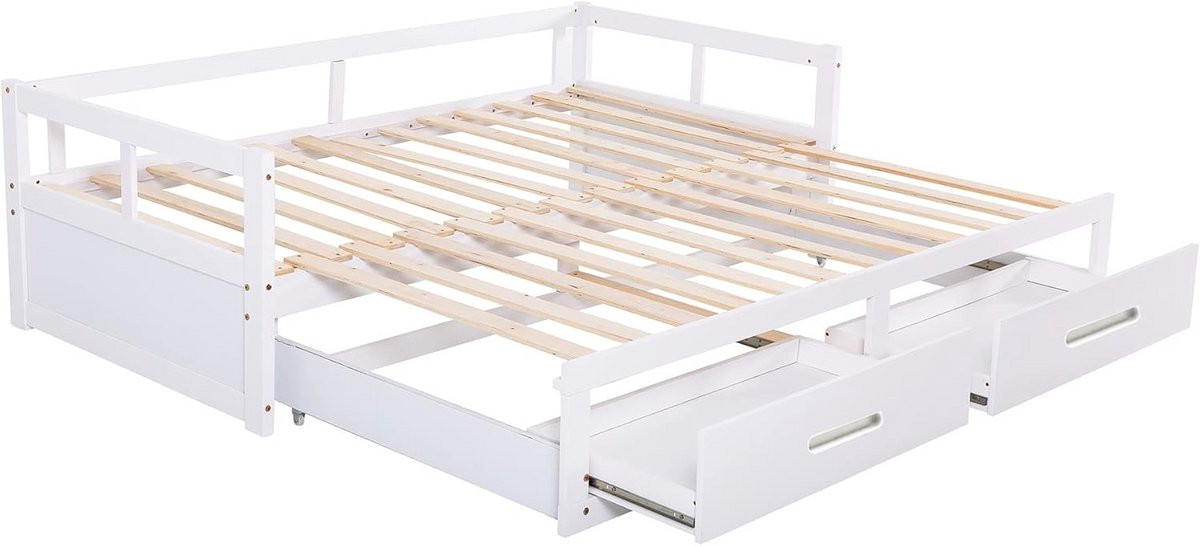 Multifunctioneel uittrekbaar slaapbed met opbergvakken en lattenbodem, 90x200 cm