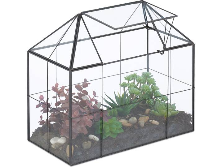 Terrarium végétal Relaxdays\, verre et cuivre\, 27 x 30 x 15 cm\, serre décorative pour cactus et mousse\, vitrine de fenêtre\, noir