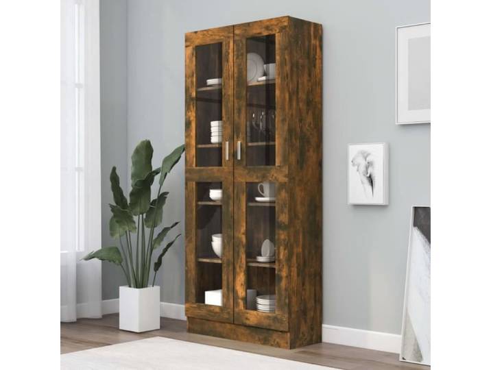 Armoire à vitrine - MOTHINESSTO - LY2954 - Chêne fumé - 5 compartiments - 2 portes vitrées
