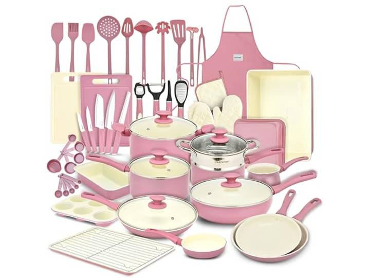 NutriChef Topfset & Pfannenset – 54-teiliges Antihaft-Kochgeschirr Blush Pink Inkl. Küchenutensilien, Backblech, Messer Für Induktion, Gas & Elektro Gesund & fettfrei kochen