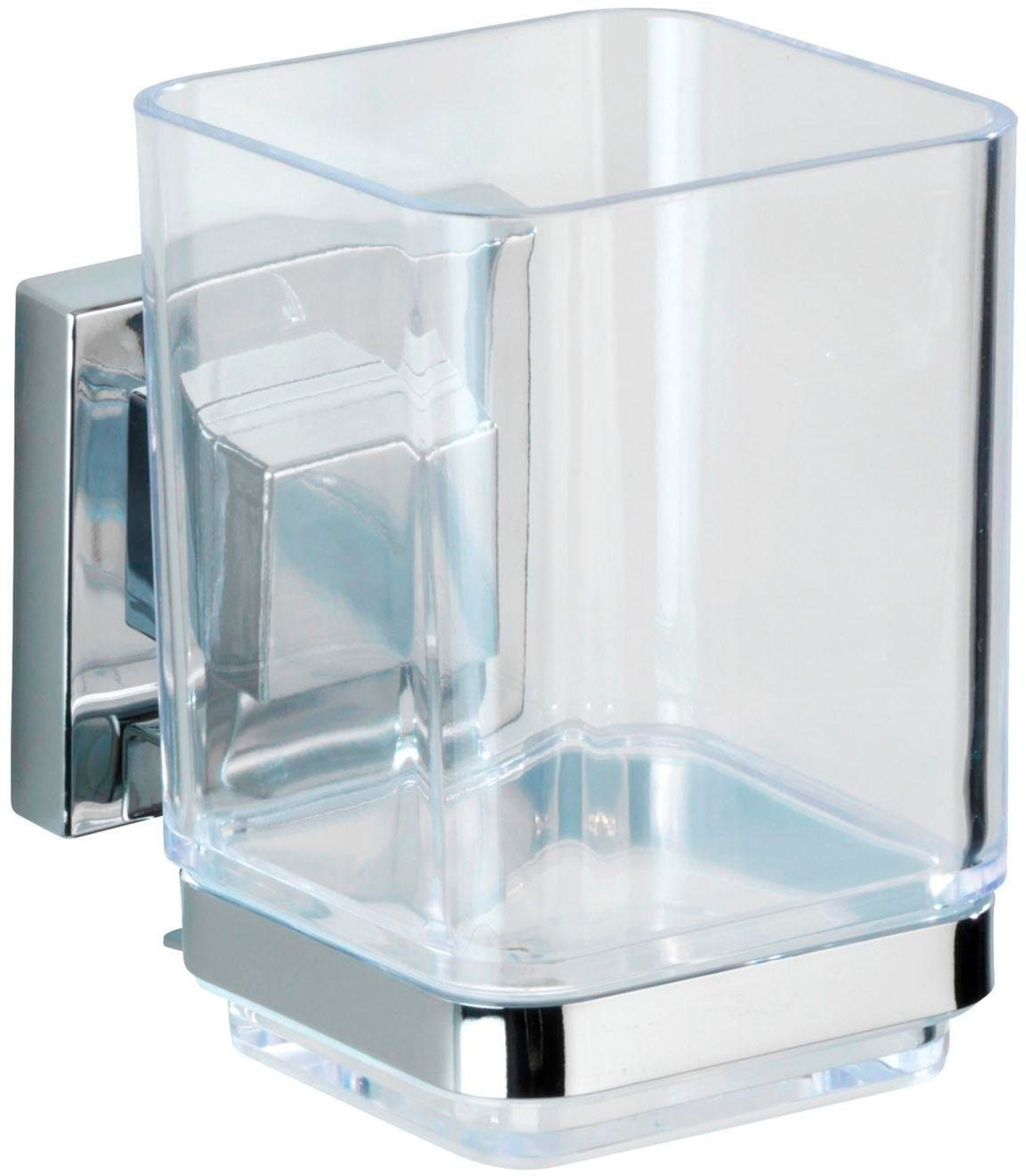Zahnputzbecher WENKO "Vacuum-Loc Modell Quadro", transparent, B:7,5cm H:10cm, Edelstahl, Kunststoff, Zahnputzbecher, Zahnputzbecher, mit Wandhalterung ohne Bohren, Edelstahl und Kunststoff