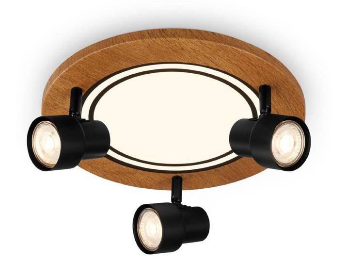 Plafonnier LED\, noir-couleur bois\, 3xGU10+LED