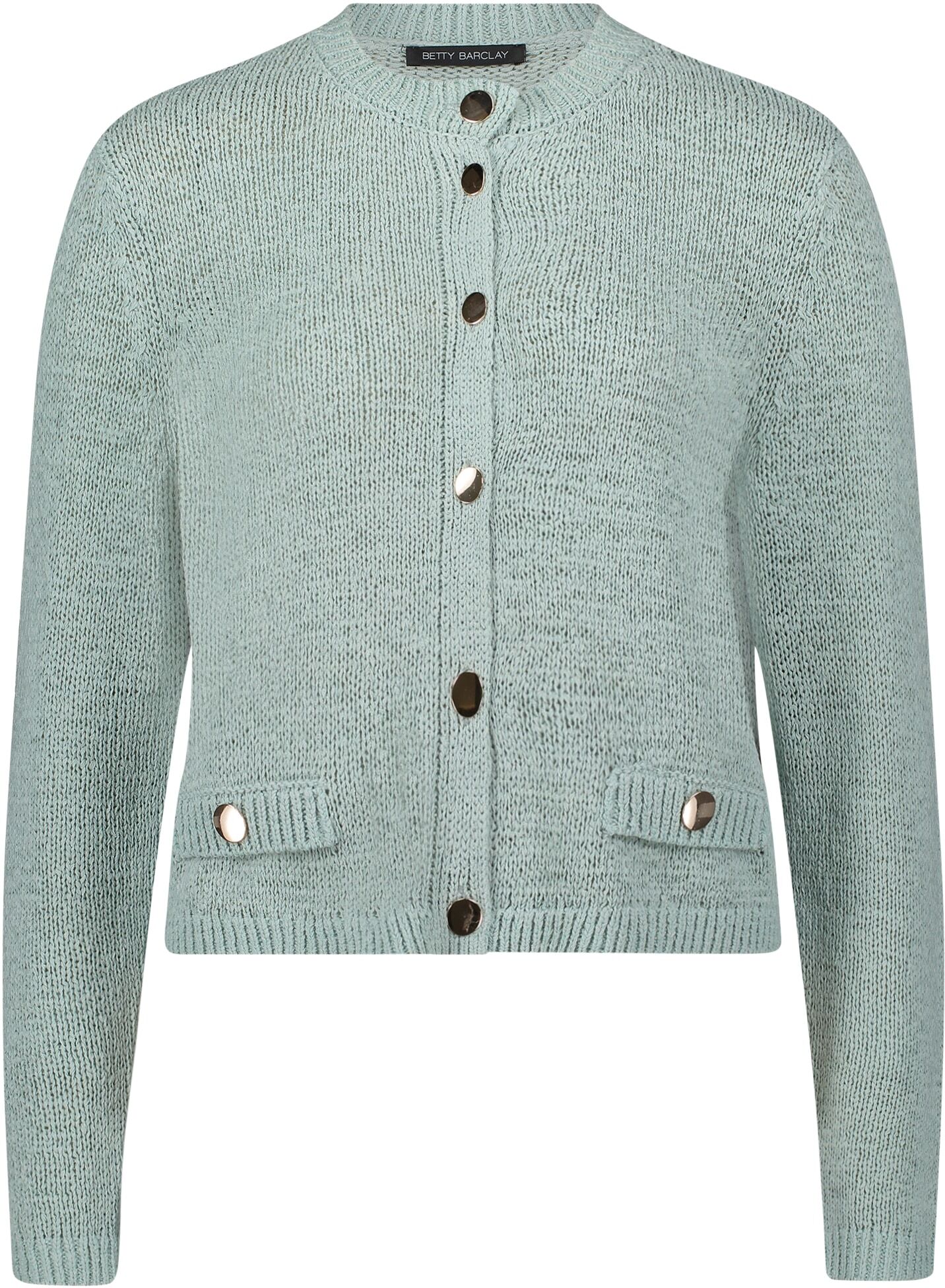 Cardigan BETTY BARCLAY "Strick-Cardigan mit aufgesetzten Taschen", Damen, Gr. 38, grün (gray mist), Obermaterial: 65% Polyacryl PAN. 35% Polyamid PA., Strickjacken Cardigan