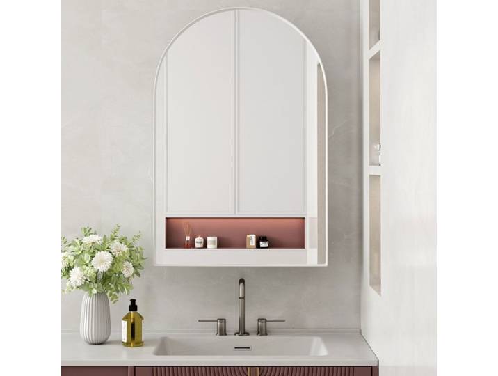 Armoire miroir murale arquée avec 2 étagères en verre cadre métal miroir montage mural ou encastré
