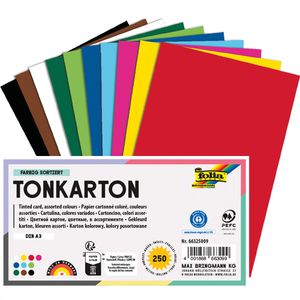 Folia Tonpapier 66325009 Tonkarton, A3, 10 Farben sortiert, 160g/m², 250 Blatt