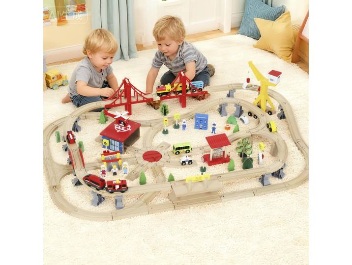 AIYAPLAY Train Bois 133pcs Locomotive Électrique Rails Grue Pont