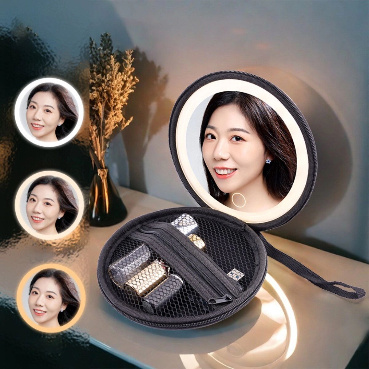 INF LED-Reise-Make-up-Spiegeltasche — PU-Leder, wasserdichtes kompaktes Kosmetik-Etui mit 3-farbiger dimmbarer LED,