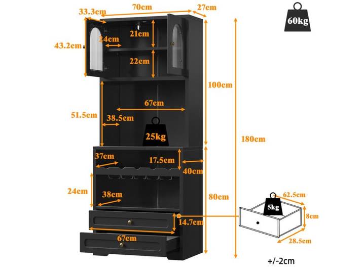 Buffet haut vitrine noire 70x40x180 cm avec portes vitrees cintrees LED par application et range-bouteilles ORVRYN