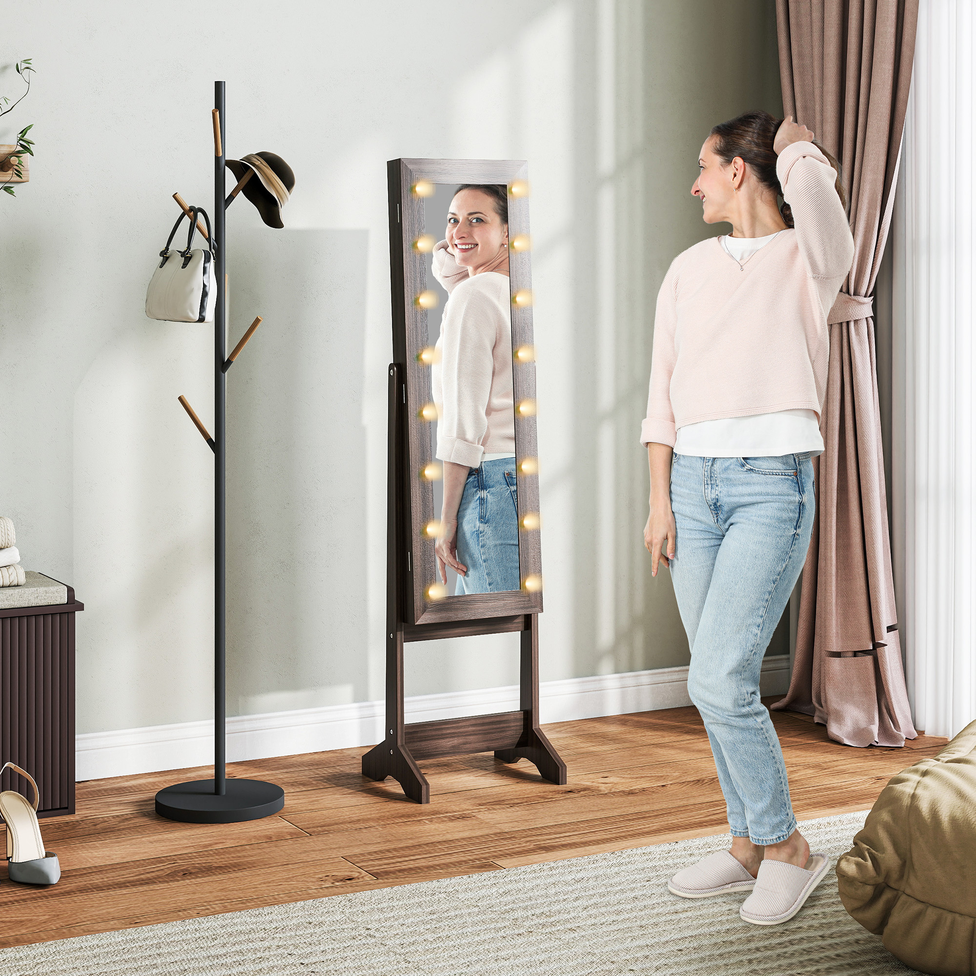 Homcom Armadio portagioie con specchio, scomparti e illuminazione LED, marrone scuro   Aosom Italy