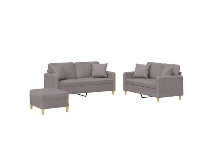 KUTYWEXFM 3-TLG. Sofagarnitur mit Hocker & Kissen, Taupe Stoff Couch Set Bequemes Polstermöbel Set für Wohnzimmer und Gästezimmer, inklusive Fußhocker und 4 Zierkissen für extra Komfort.