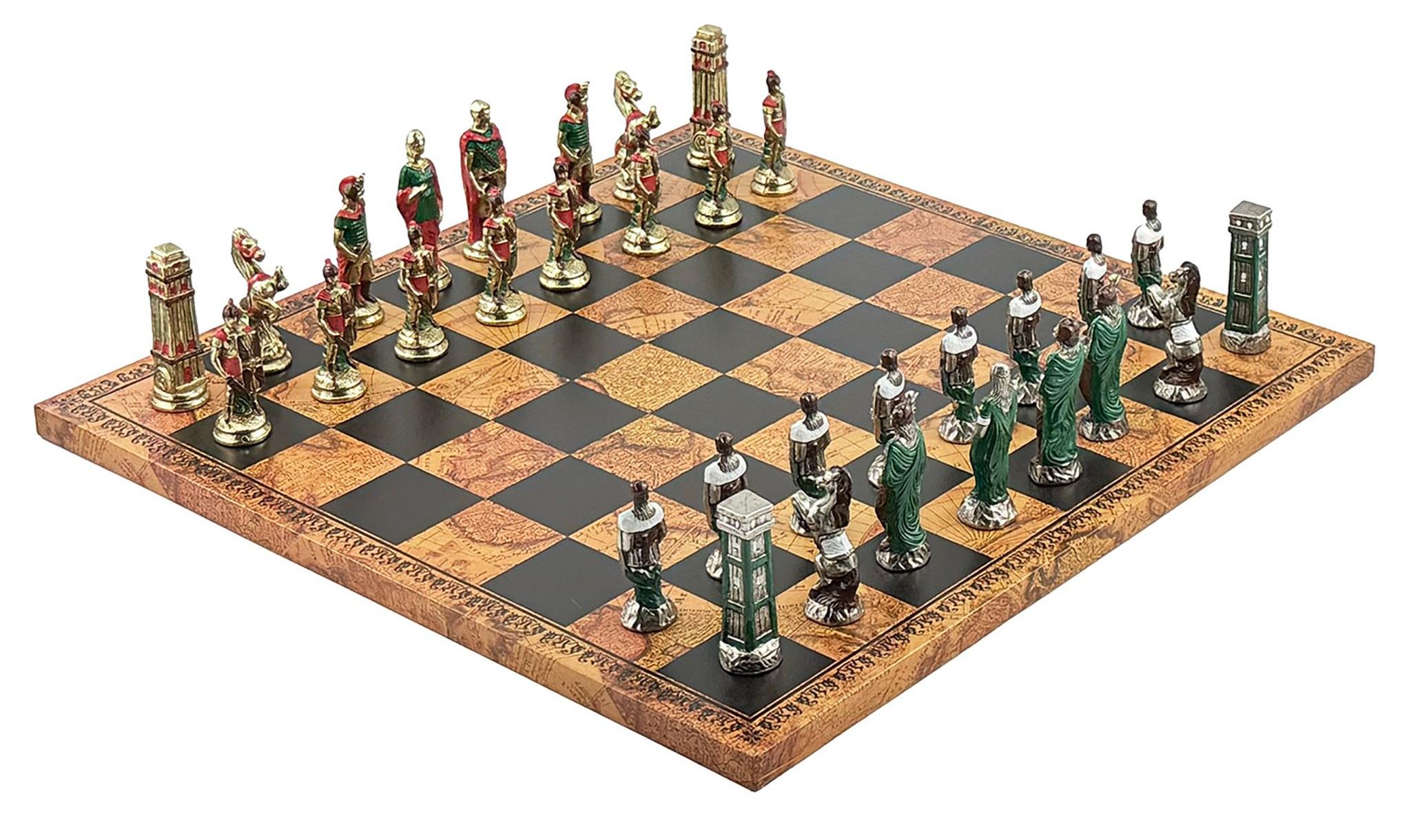 ITALFAMA Schachset: Metallfiguren (König 7,5 cm hoch) + Schachbrett aus Kunstleder mit antiker Weltkarte, 40 cm