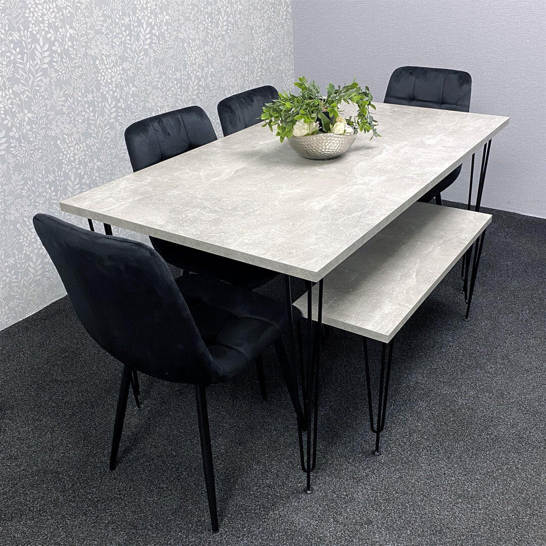 Fairmont Park Dining Table with Hairpin Legs, Bench & 4 Velvet Chairs Set Black 75cmH x 140cmL x 80cmW