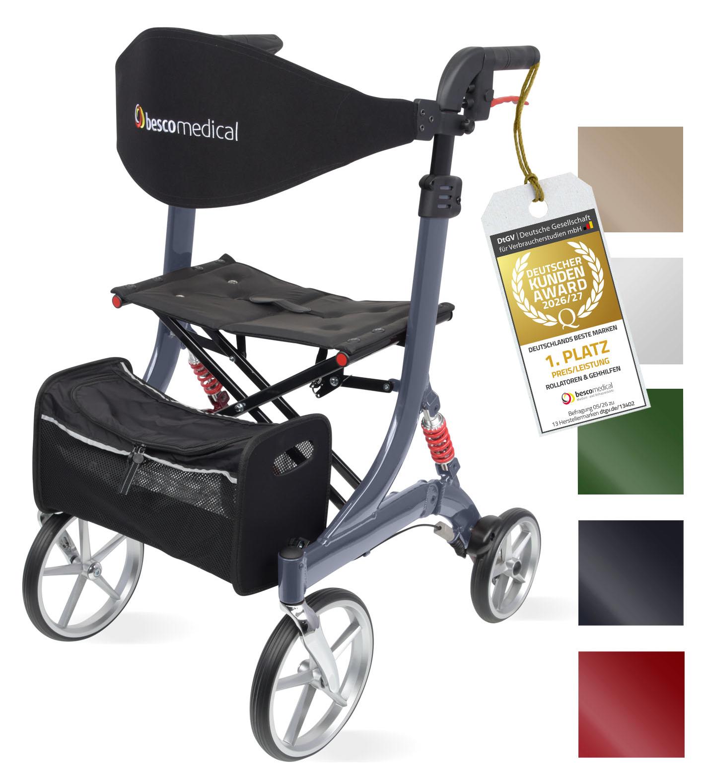 Leichtgewicht Rollator SPRING - Gehhilfe mit Komfort-Federung - höhenverstellbar & faltbar - Modell M Graphitgrau - Bescomedical