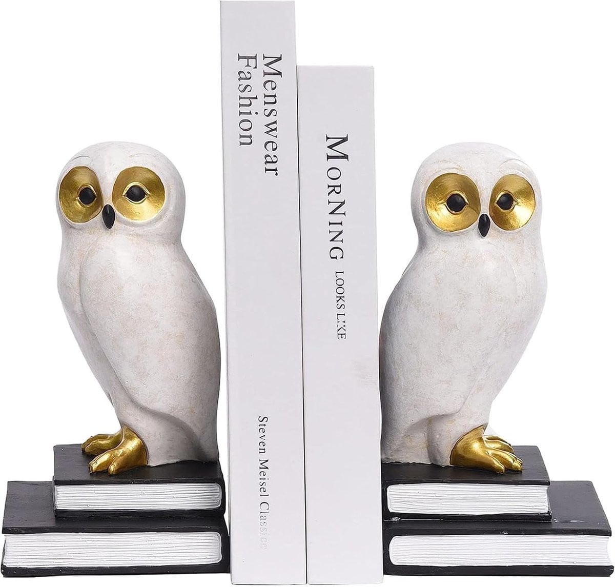 Handgeschilderde Uil Boekensteunen in Wit Hars - Hoogte: 19,5 cm