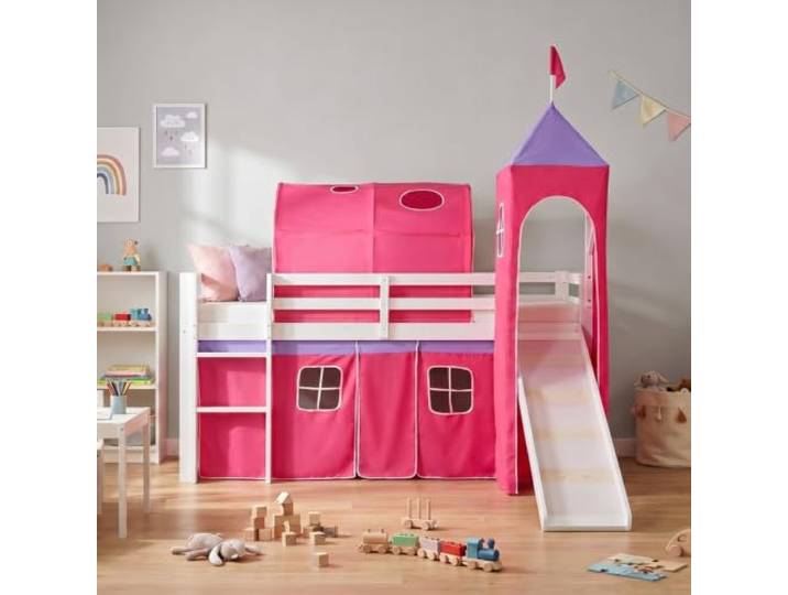 Homestyle4u Kinderhochbett 90x200 cm Weiß - Kiefer Massivholz Spielbett Hochbett Set inklusive Matratze, Lattenrost, Rutsche, Turm und Tunnel - Kinderbett mit Pinkem Baumwollvorhang & Leiter