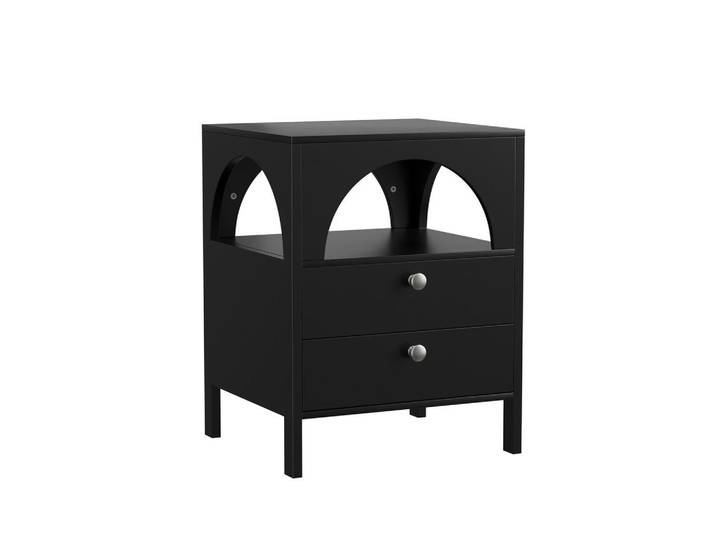 Modfu Nachttisch aus MDF 45x40x58 cm Schwarz mit 2 Schubladen und offenem Fach, vielseitiger Stauraum, 45x58x40 cm, Schlafzimmer, Nachtkästchen