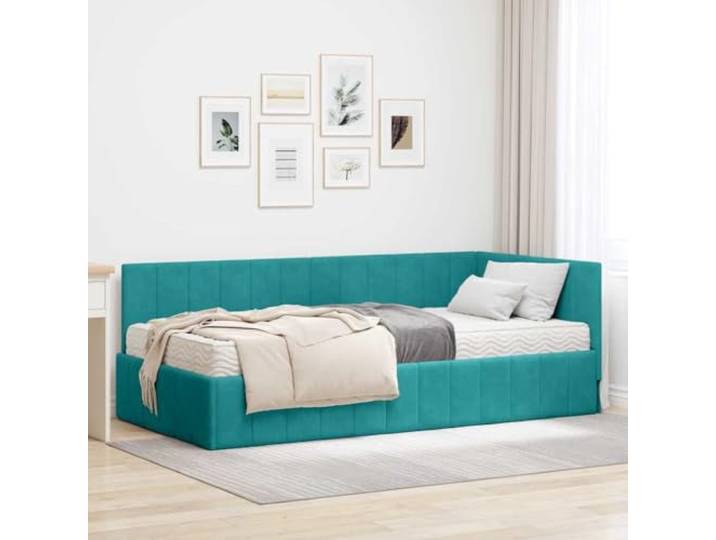 LPERTGFHU Eckbett mit Matratze, Samt Polsterbett 90 x 200 cm Türkis Inklusive Schaumstoffmatratze, Modernes Design, Robuster Sperrholzrahmen