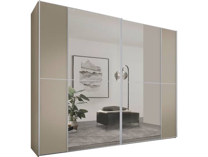 Schwebetürenschrank, Holzwerkstoff, Beige, 298×222×68 cm, Mit Spiegeln & Kleiderstangen, Modern, Staud