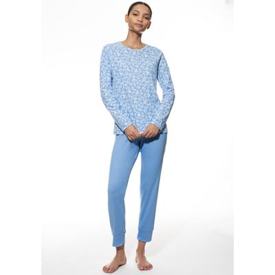 Schlafanzug MEY "FLOWER MEADOW", Damen, Gr. 42, Single Jersey, blau (blau silk), Single Jersey, Obermaterial: 100% Baumwolle, bequem 7/8-Länge, Rundhals, Homewear-Sets Schlafanzug, Baumwolle, floral, bequem, klassisch, Rundhals-Ausschnitt