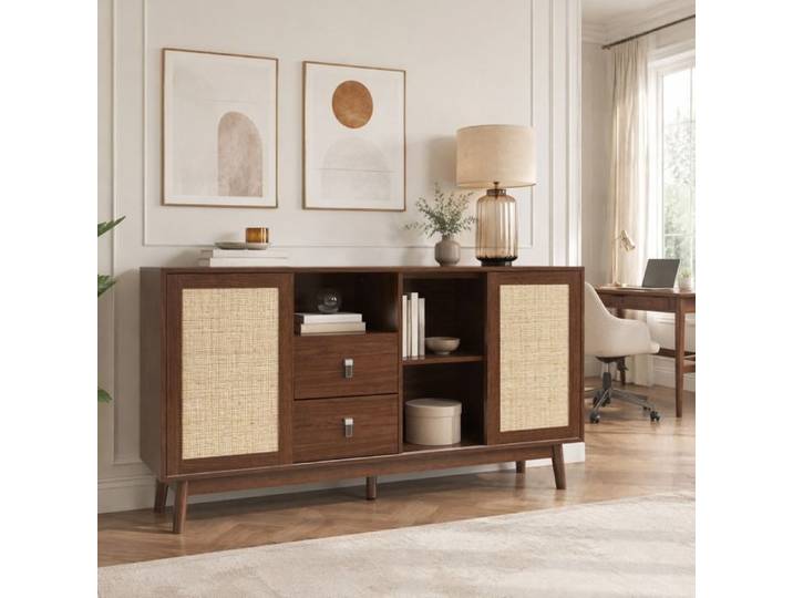 Buffet bas VUENOR - 155x38x80 cm bois foncé - portes coulissantes 2 tiroirs