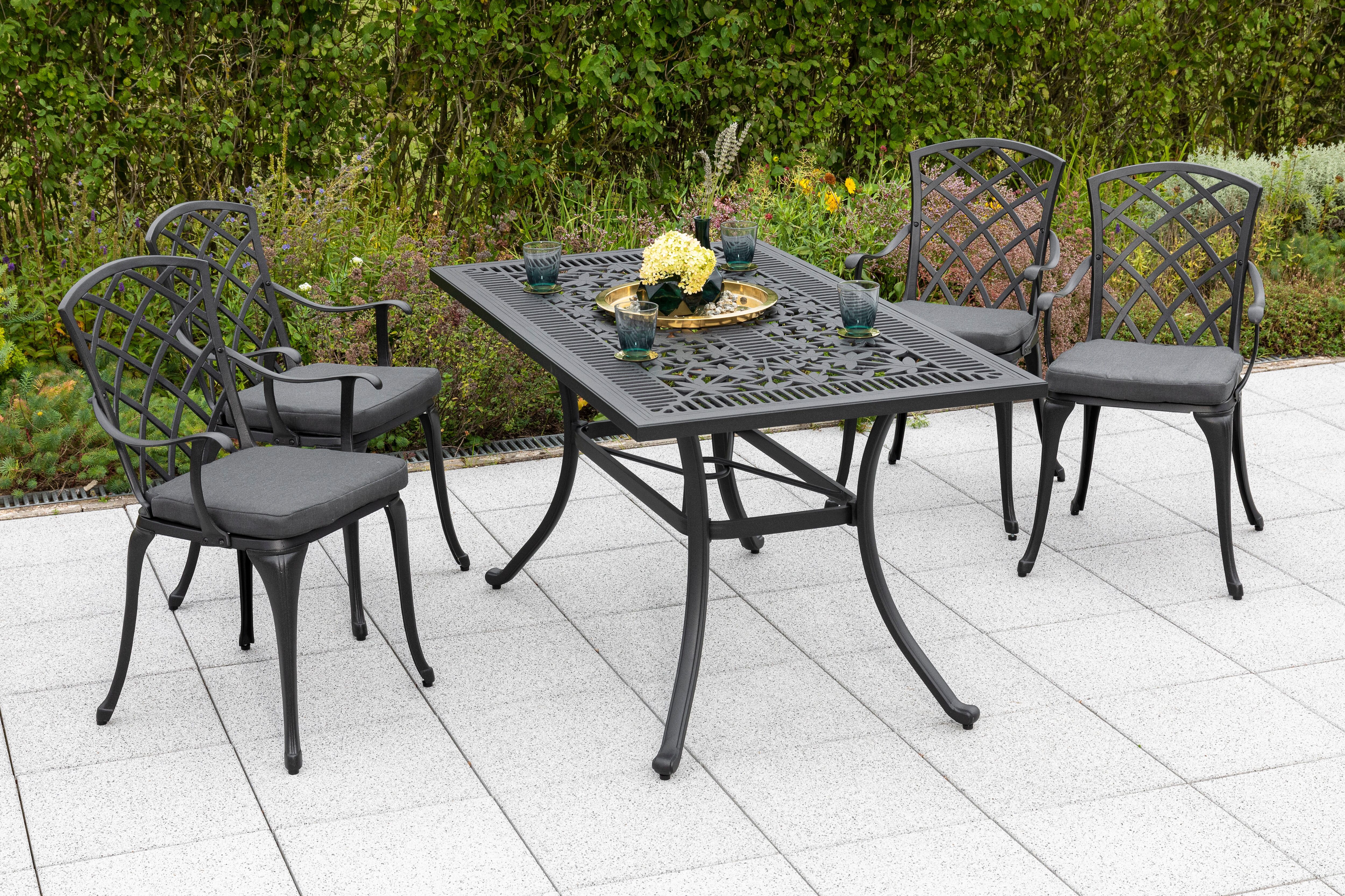 Garten-Essgruppe MERXX "Rhodos", grau (grafit, grafit, grafit), Polyester, Aluminium, Sitzmöbel-Sets, Garten-Essgruppe, 4 Sessel,inkl. Auflagen, Tisch