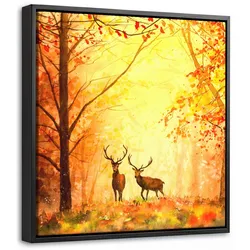 LEINWAND Bilder mit Rahmen - Natur - Ölfarbe - Hirsche - Tiere - Herbst - Orange - 20x20