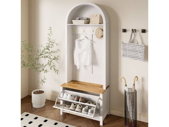 Meuble d'Entrée Tout-en-Un pour un Hall Organisé Vestiaire avec Patères Étagère et Rangement Chaussures
