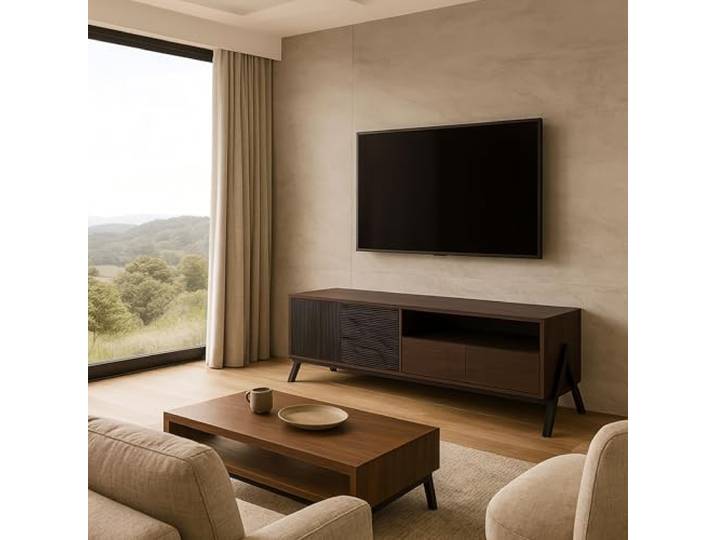 Mendler TV-Rack HWC-O40 MDF Metall Melamin 48x155x40cm - Walnuss-Optik Lowboard, TV-Schrank, 2 Schubladen, Türen, Staufächer