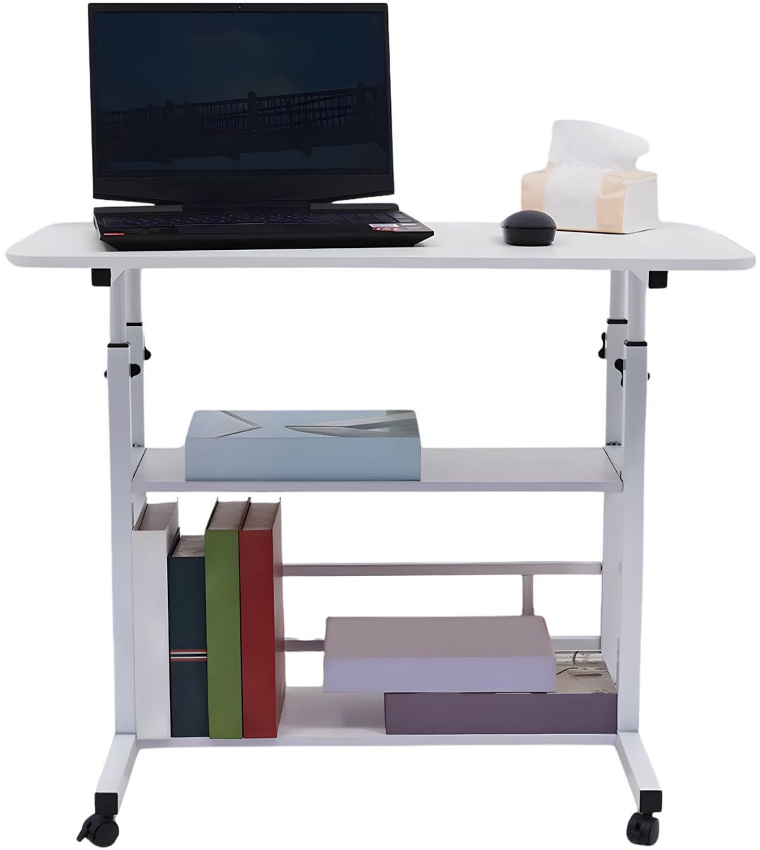 Happiq Bijzettafel Wit – 3-laags C-vormig Laptopbureau met Wielen en In Hoogte Verstelbaar