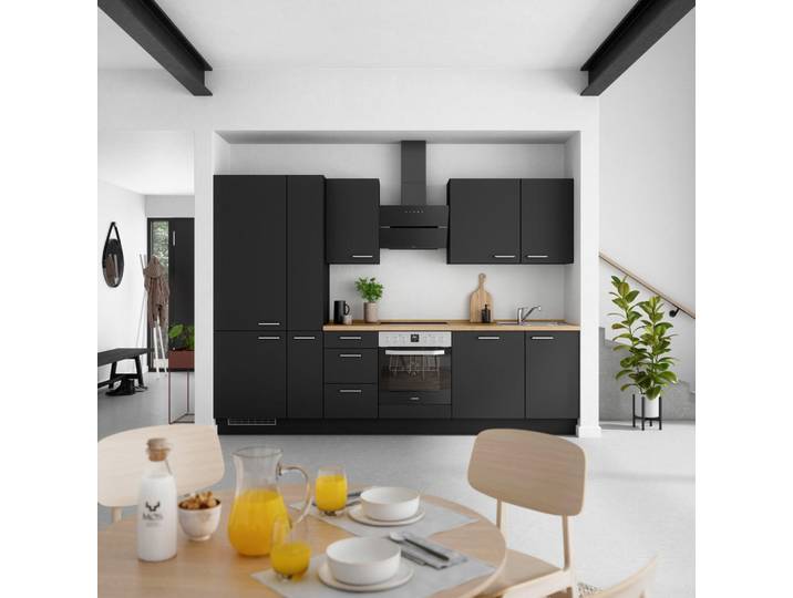Küchenleerblock, Schwarz & Eiche, 300 cm, Metall, 3 Schubladen, Klassisch, Nobilia