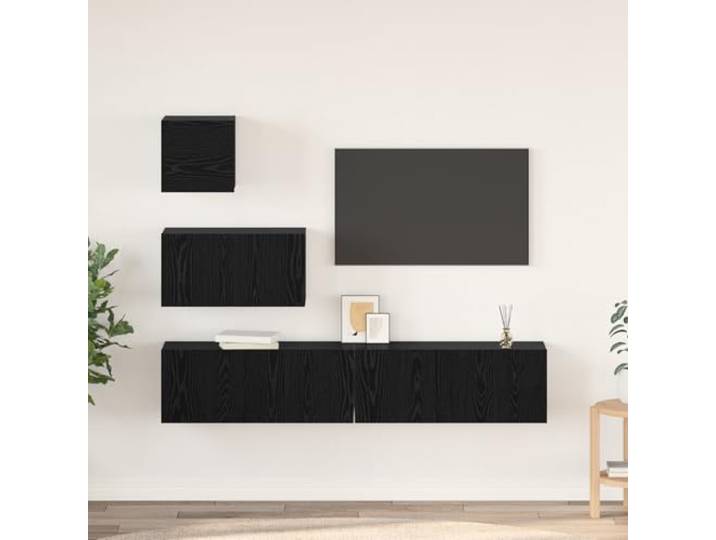 HEFZGDB Wand TV Schrank mit Regal und Tür 4 Stücke Schwarz Eiche Modulares Aufbewahrungssystem mit Rustikaler Textur für Wohnzimmer und Büro