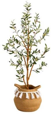 Nearly Natural 3.5' Artificial Olive Tree with Handmade Jute & Cotton Basket with Tassels