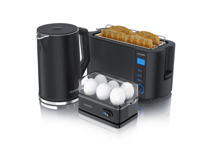 Arendo Frühstücks-Set Wasserkocher 1,5l, 4-Scheiben Toaster, 6er Eierkocher, Schwarz (3-tlg), Edelstahl, BPA-frei, GS-geprüfte Sicherheit, fürs Familienfrühstück