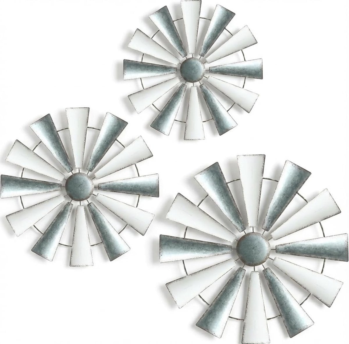 Set van 3 Metalen Windmolens Wanddecoratie in Boerderij Stijl - Wit - Diameter: 33 cm