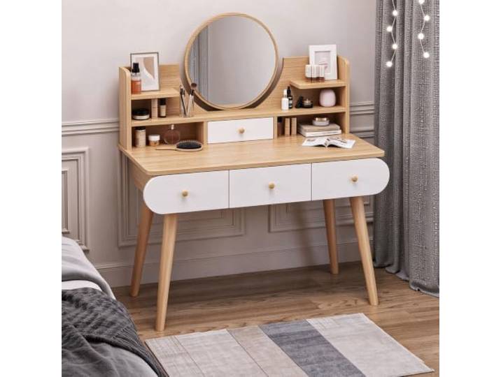 Schminktisch mit rundem Spiegel, Aufbewahrungsregalen und Schubladen Make-up Schminktisch,stabile Holzbeine, abgerundetes Eckdesign,Kosmetiktisch für Frauen im Schlafzimmer(4 drawers)