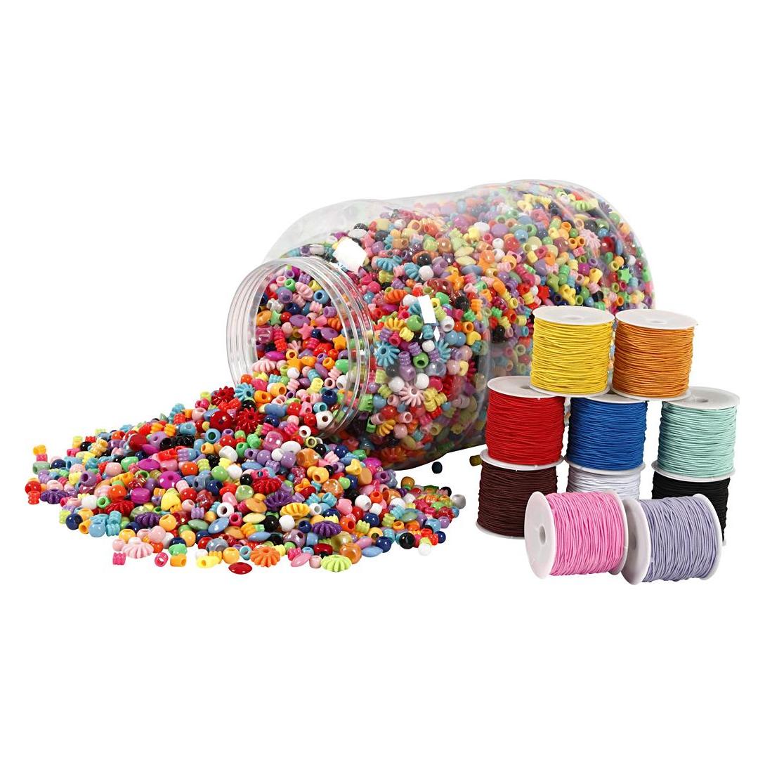Creativ Company Bucket of Plastic Beads & Elastic Cords (5707167533888)