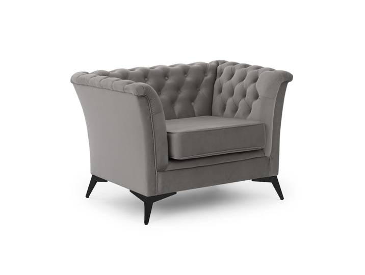 Fauteuil Chesterfield en velours gris avec pieds noirs