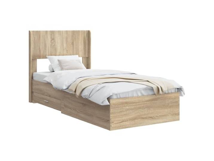 PUGYNBK Bettrahmen Sonoma Eiche mit Stauraum Langlebiges Holz, fester Lamellenboden, minimalistisches Design, Reinigung mit feuchtem Tuch