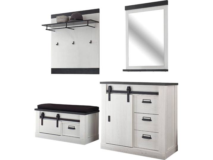 Garderoben-Set HOME AFFAIRE Sherwood, Garderobe im Industrial-Style, Komplettset mit viel Stauraum , weiss (pinie weiß dekor), B:206cm H:200cm T:43cm, Kastenmöbel-Sets, Garderoben-Set, enthält Kommode, Garderobenpaneel, Spiegel, Garderobenbank +Sitzkissen