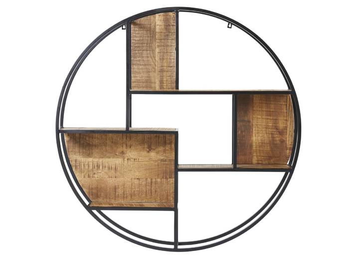 Rundes Regal aus schwarzem Stahl und Mangoholz