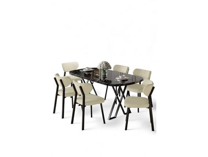 Hanah Home Modern 7-Piece Dining Table & Chairs Set, Black Marble & Cream, 100% MDF with Metal Legs, Boucle Fabric, Scandinavian Design Table: 168x90x76 cm, Chairs: 46x85x45 cm