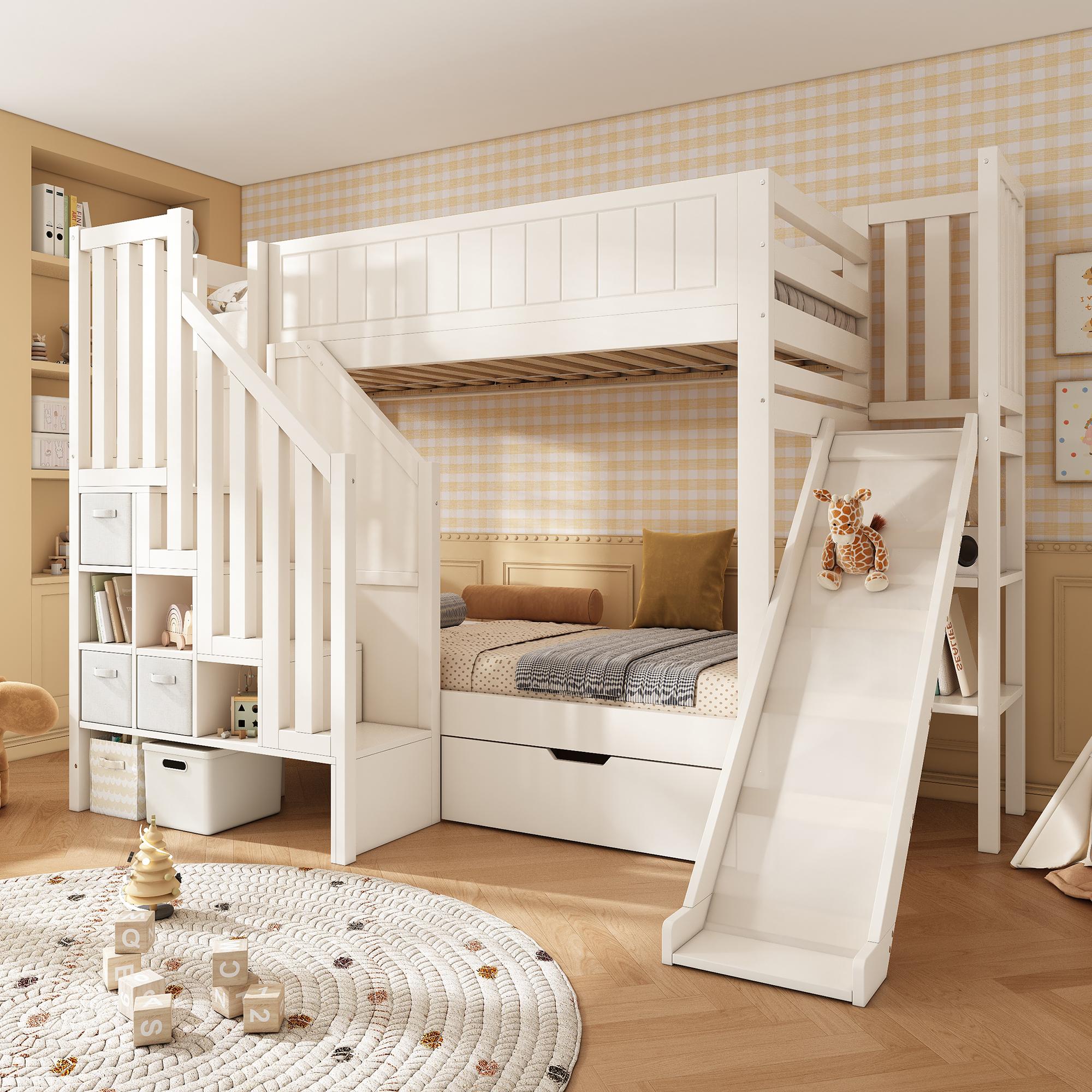 Flieks Etagenbett 90x200cm mit Rutsche und Schublade, Kinder Hochbett mit Treppe und Staufach, Kinderbett Einzelbett 2 Kinder, Weiß