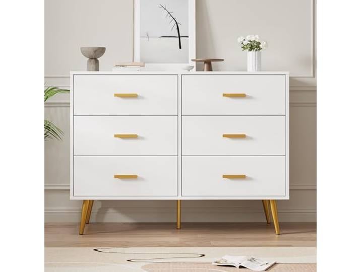IDEALHOUSE Kommode mit 6 Schubladen – Moderne Holzkommode mit goldfarbenen Griffen – Tiefe Schubladen & viel Stauraum – für Schlafzimmer/Wohnzimmer/Flur – Weiß