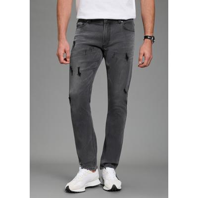 Slim-fit-Jeans BRUNO BANANI "Grady", Herren, Gr. 34, Länge 34, grau (dunkelgrau damaged), Obermaterial: 70% Baumwolle, 28% Polyester, 2% Elasthan, Destroyed-Effekte, schmal lang, Jeans Slim-fit-Jeans, schmale Beinweite, niedrige Leibhöhe,...