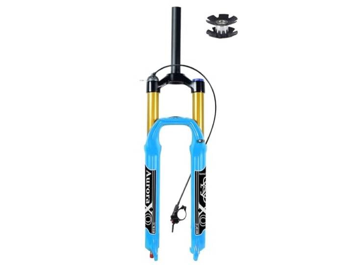 LYYCX AuroraXQ Gerade Tube Mountainbike Gabel 26/27.5/29 140mm Federweg, Luft-34 Fernabsperrung XC AM MTB Fork Magnesiumlegierung 1-1/8 Downhill Fahrrad Federgabel QR 9mm(Blue/Gold,29)