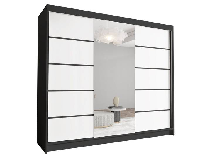 Sofnet Kleiderschrank Davos VI (mit Spiegel, Schiebetüren und Kleiderstange) Schwebetürenschrank mit 3 Türen, Schiebetürenschrank - 250x215x58 cm